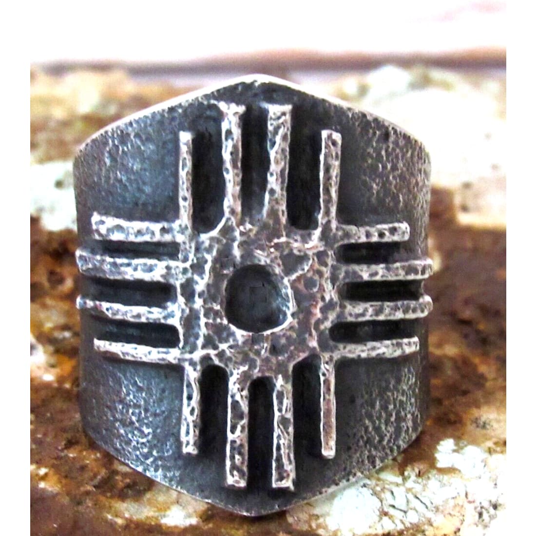 Navajo Kevin Yazzie Zia Symbol Ring Size 8 Sand Cast Tufa