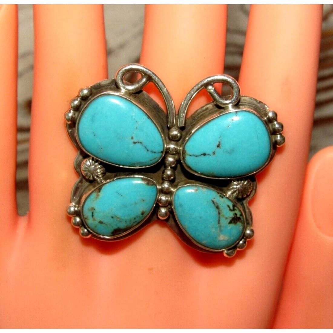 Navajo Kingman Turquoise Butterfly Adjustable Ring Sz 7