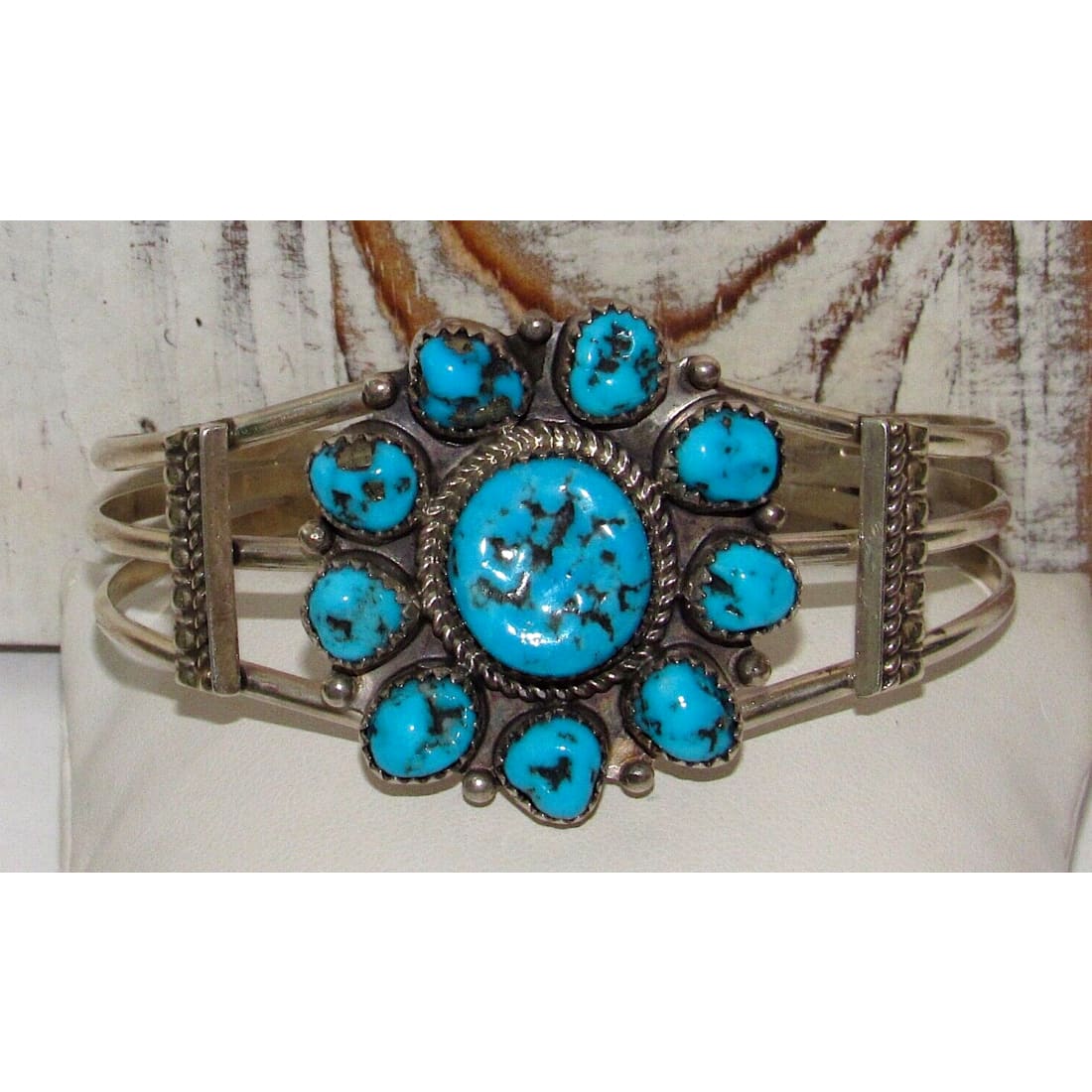 Navajo Kingman Turquoise Cluster Cuff Bracelet Sterling