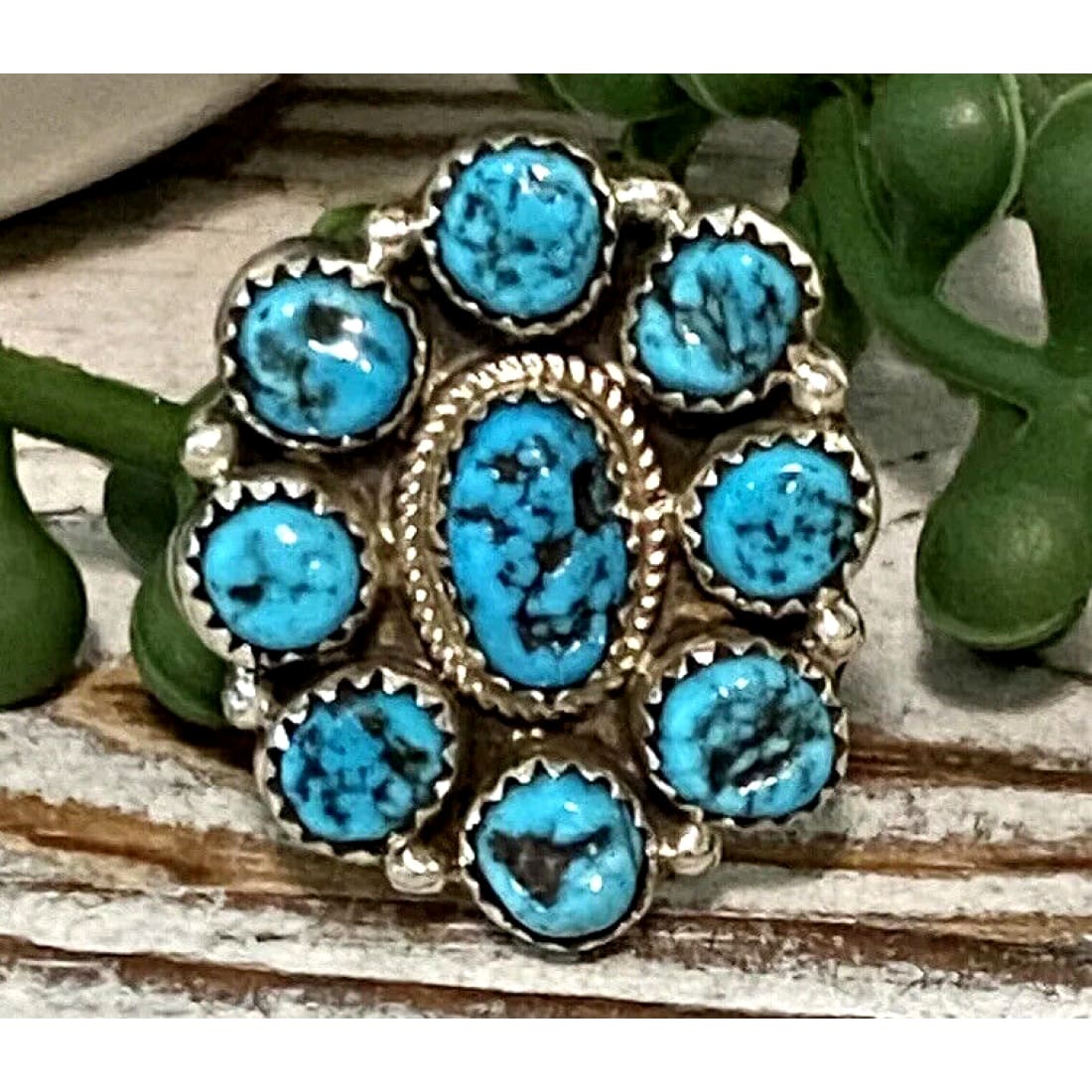 Navajo Kingman Turquoise Cluster Ring Sz 10 Sterling Silver
