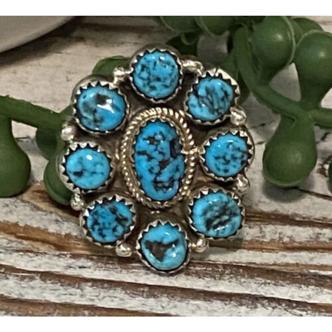 Navajo Kingman Turquoise Cluster Ring Sz 10 Sterling Silver