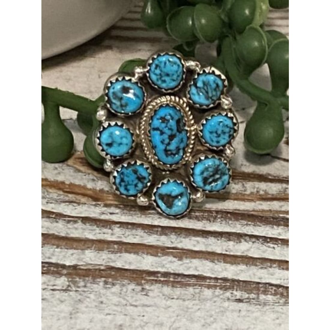 Navajo Kingman Turquoise Cluster Ring Sz 10 Sterling Silver