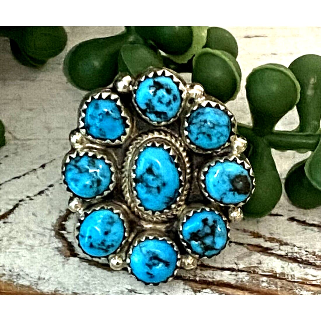 Navajo Kingman Turquoise Cluster Ring Sz 7.5 Sterling Silver