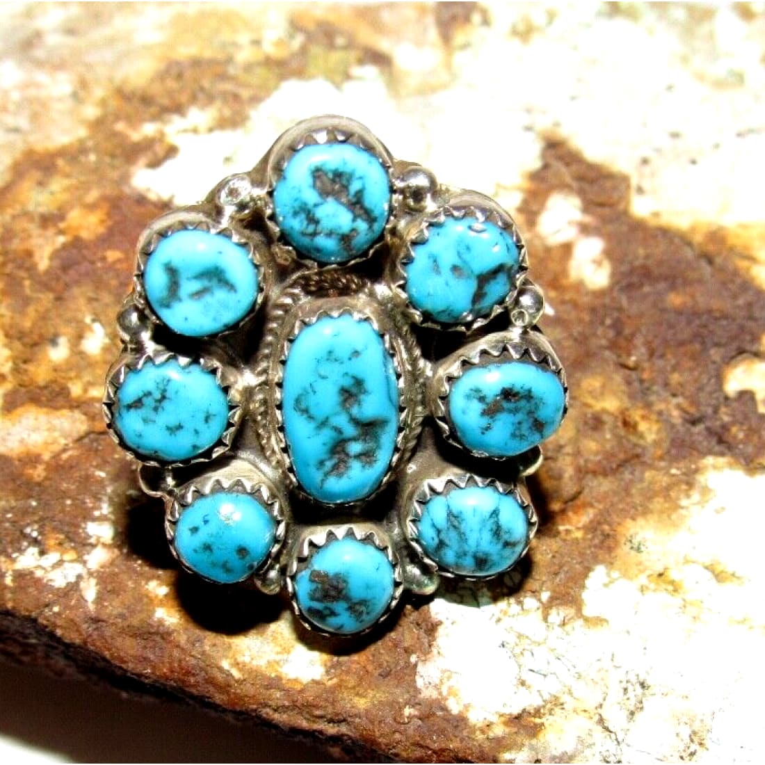 Navajo Kingman Turquoise Cluster Ring Sz 9.5 Sterling Silver