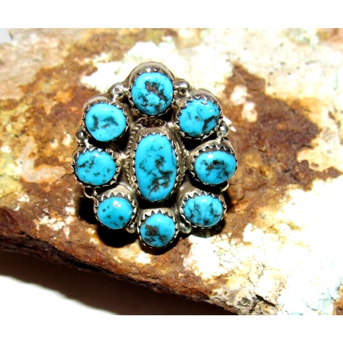 Navajo Kingman Turquoise Cluster Ring Sz 9.5 Sterling Silver