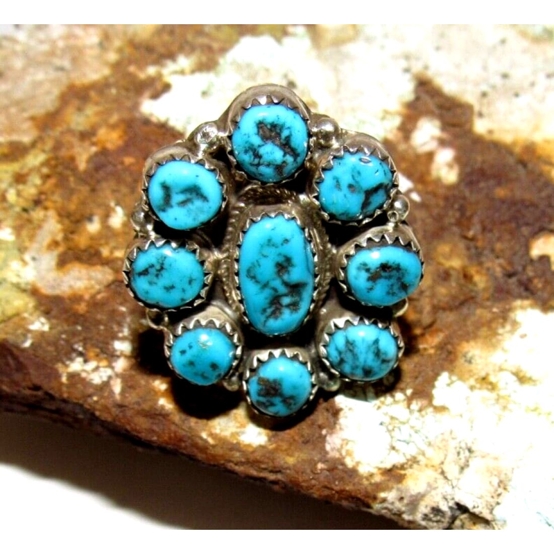 Navajo Kingman Turquoise Cluster Ring Sz 9.5 Sterling Silver