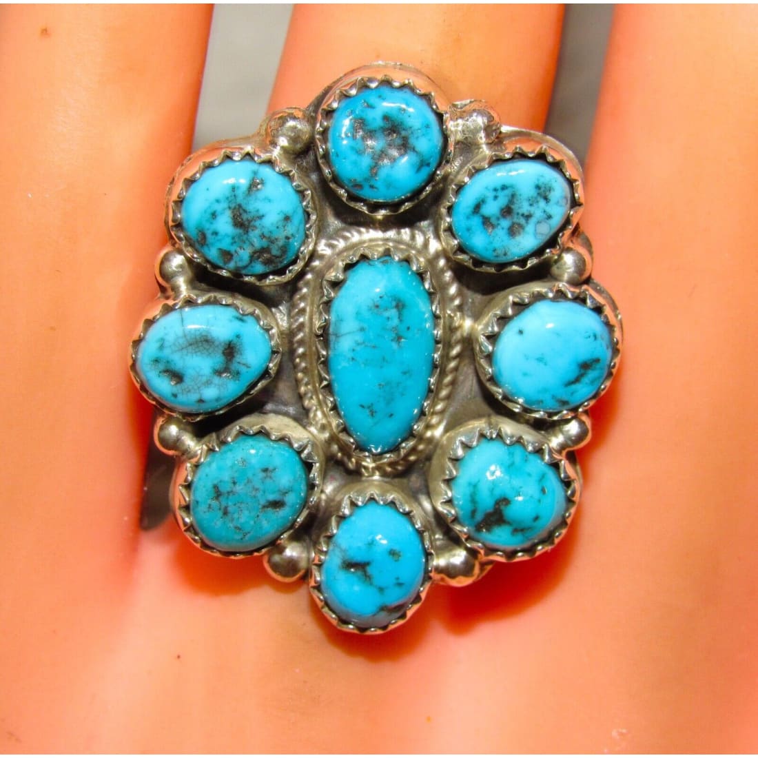 Navajo Kingman Turquoise Cluster Ring Sz 9 Sterling Silver