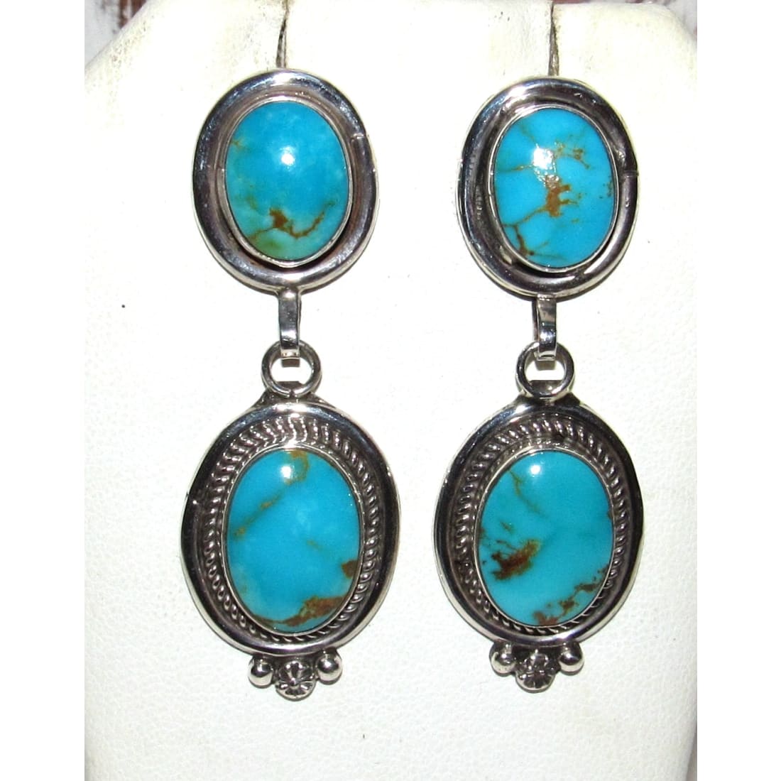 Newest Navajo Kingman Turquoise Silver Dangle Earrings 0334