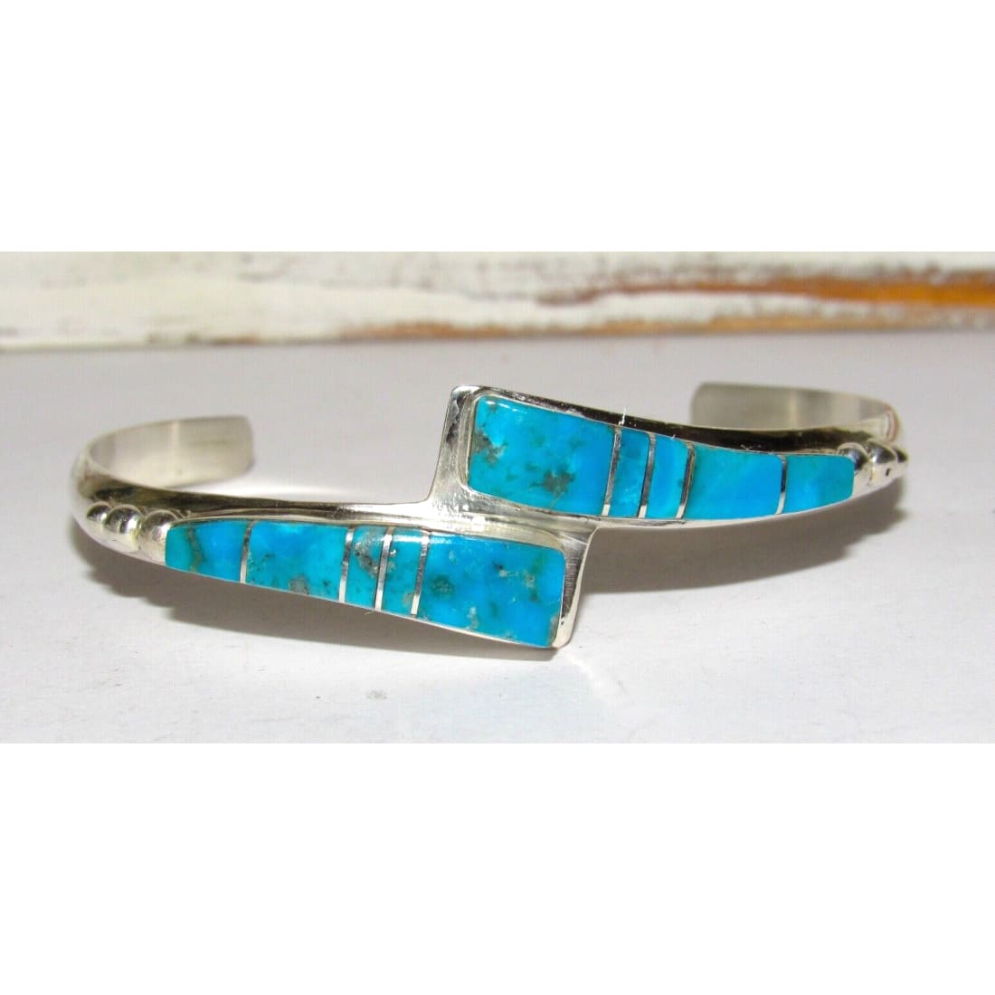 Navajo Kingman Turquoise Inlay Bypass Stacker Cuff Bracelet