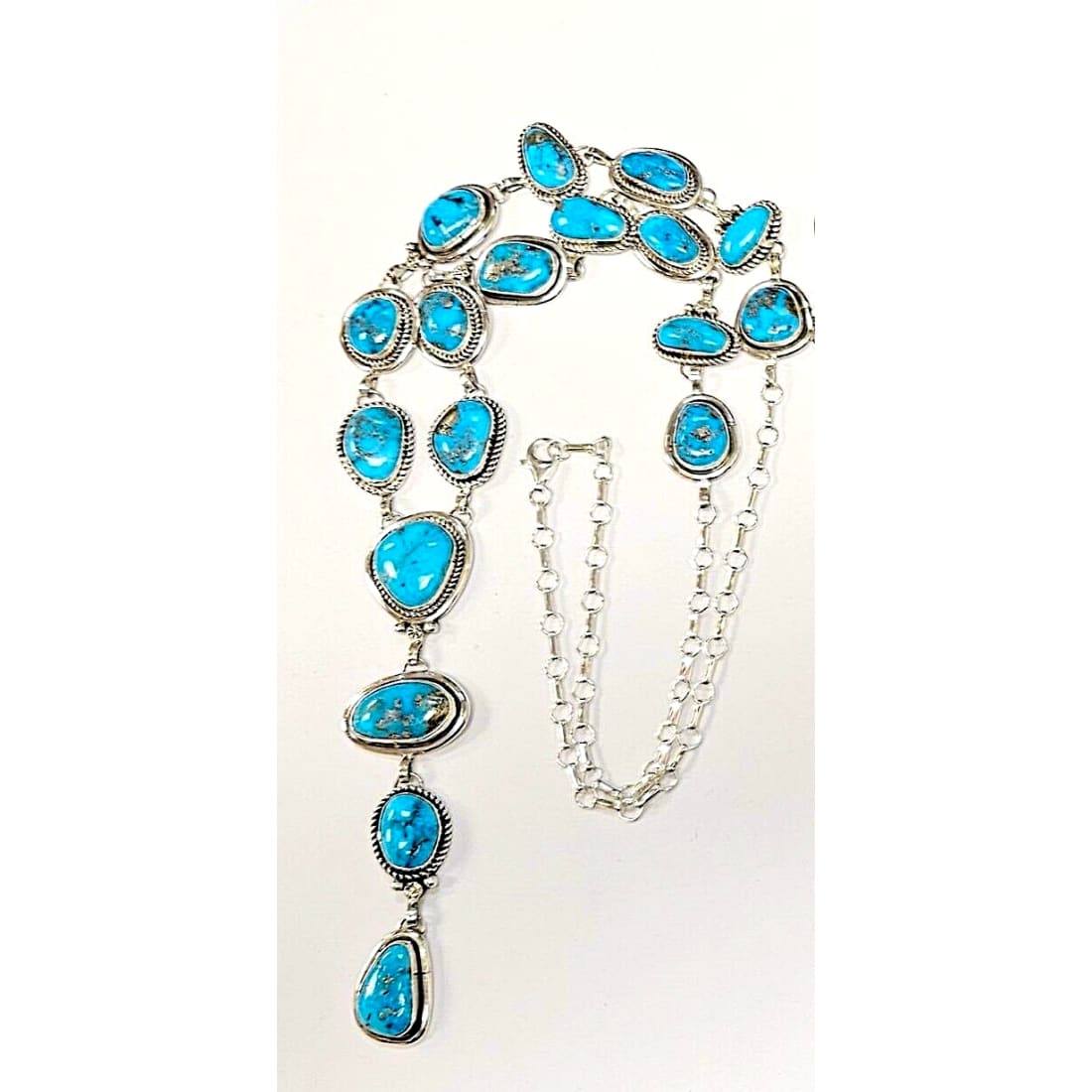 Navajo Kingman Turquoise Lariat Necklace Sterling Silver K.
