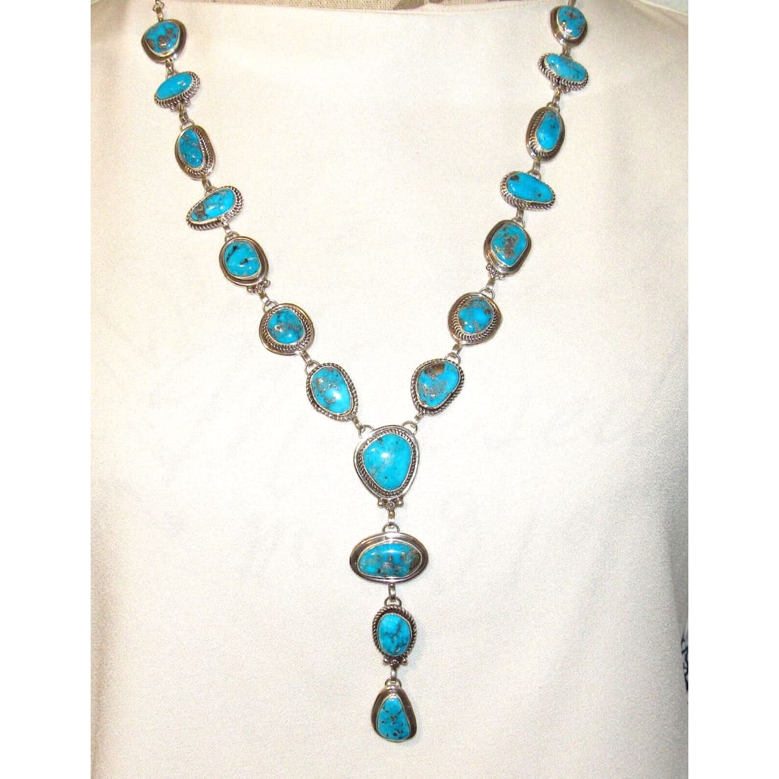 Navajo Kingman Turquoise Lariat Necklace Sterling Silver K.