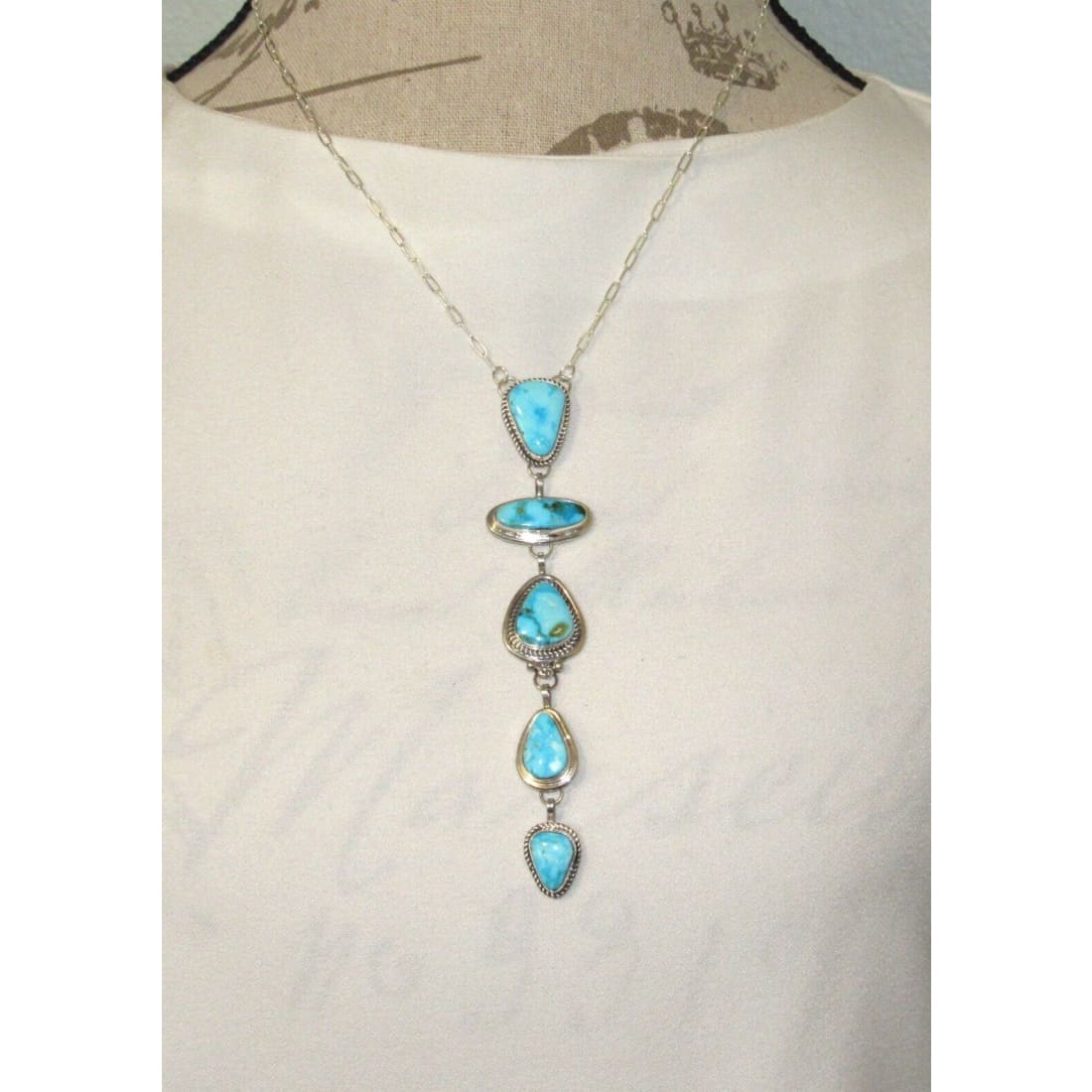Navajo Kingman Turquoise Lariat Necklace Sterling Silver K.