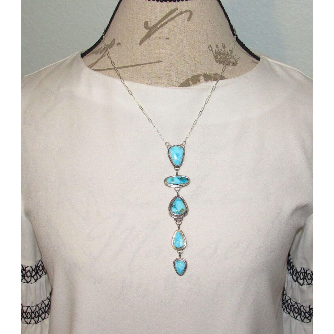 Navajo Kingman Turquoise Lariat Necklace Sterling Silver K.