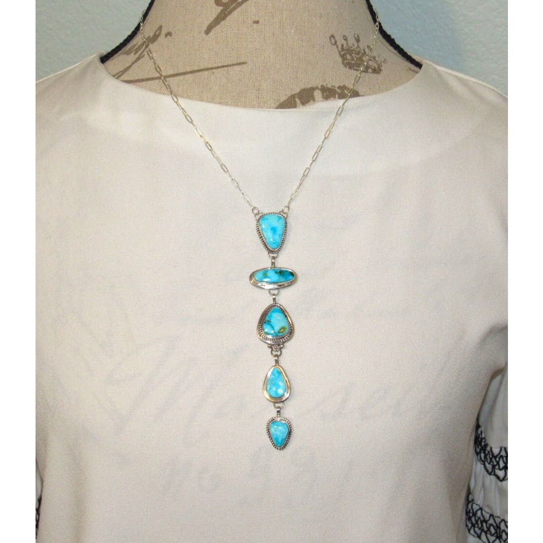 Navajo Kingman Turquoise Lariat Necklace Sterling Silver K.