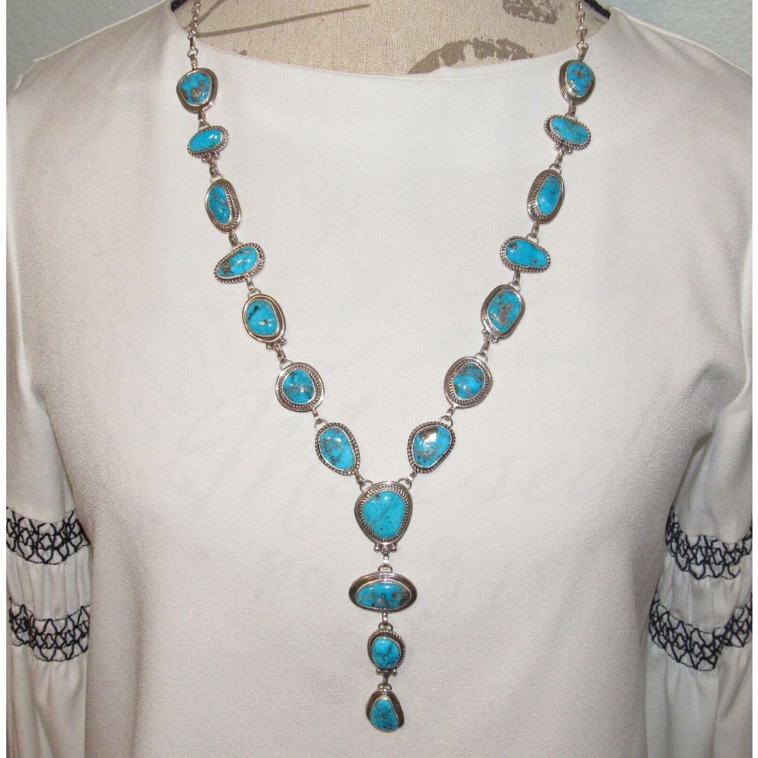 Navajo Kingman Turquoise Lariat Necklace Sterling Silver K.