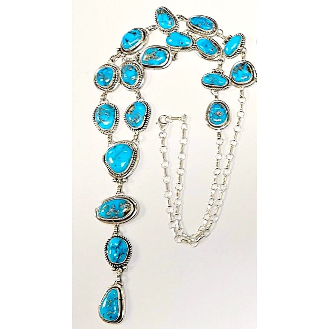 Navajo Kingman Turquoise Lariat Necklace Sterling Silver K.