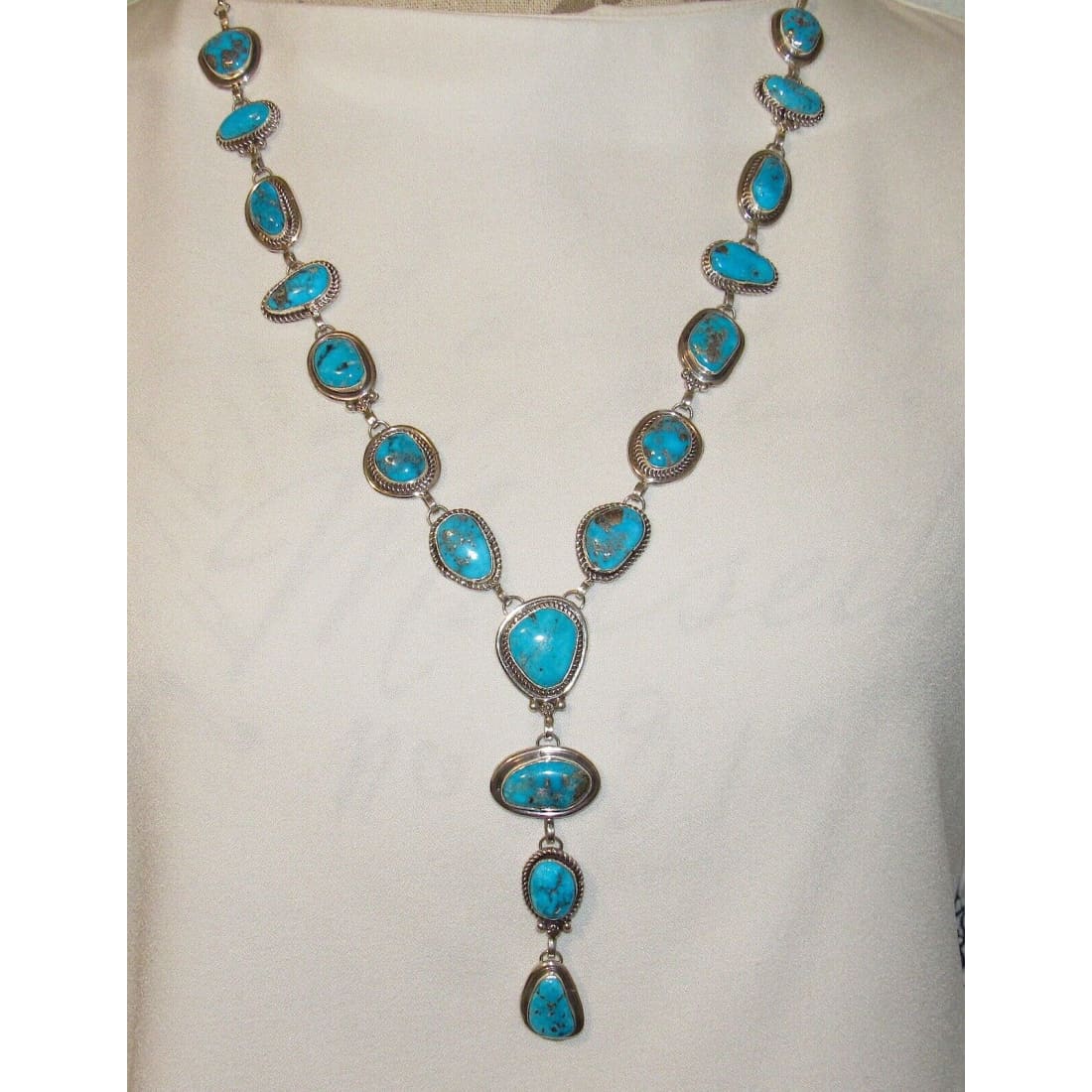 Navajo Kingman Turquoise Lariat Necklace Sterling Silver K.