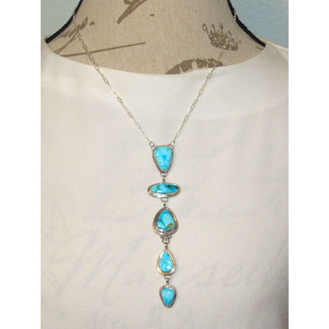 Navajo Kingman Turquoise Lariat Necklace Sterling Silver K.
