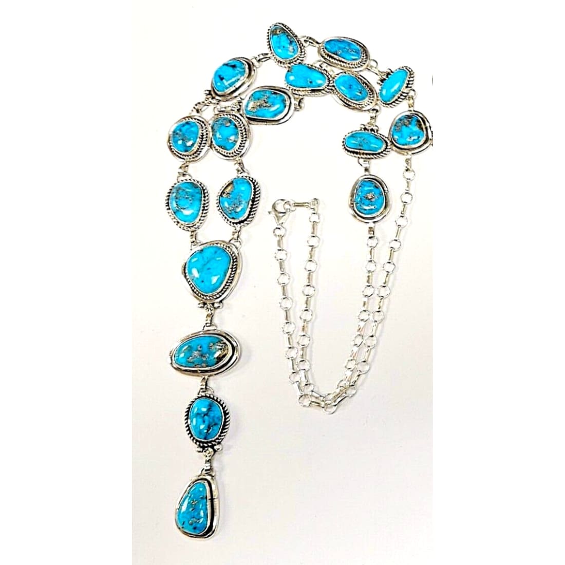 Navajo Kingman Turquoise Lariat Necklace Sterling Silver K.