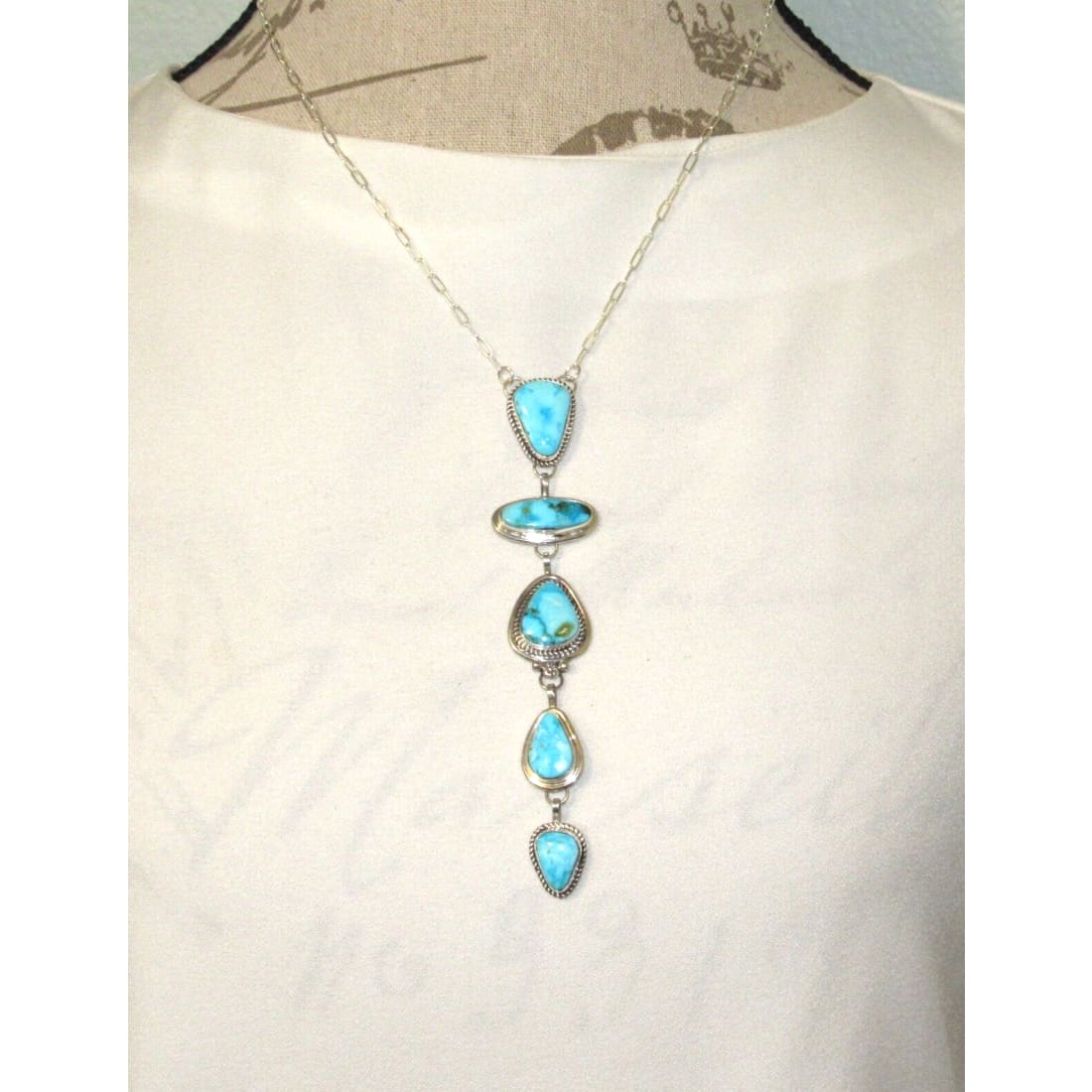 Navajo Kingman Turquoise Lariat Necklace Sterling Silver K.