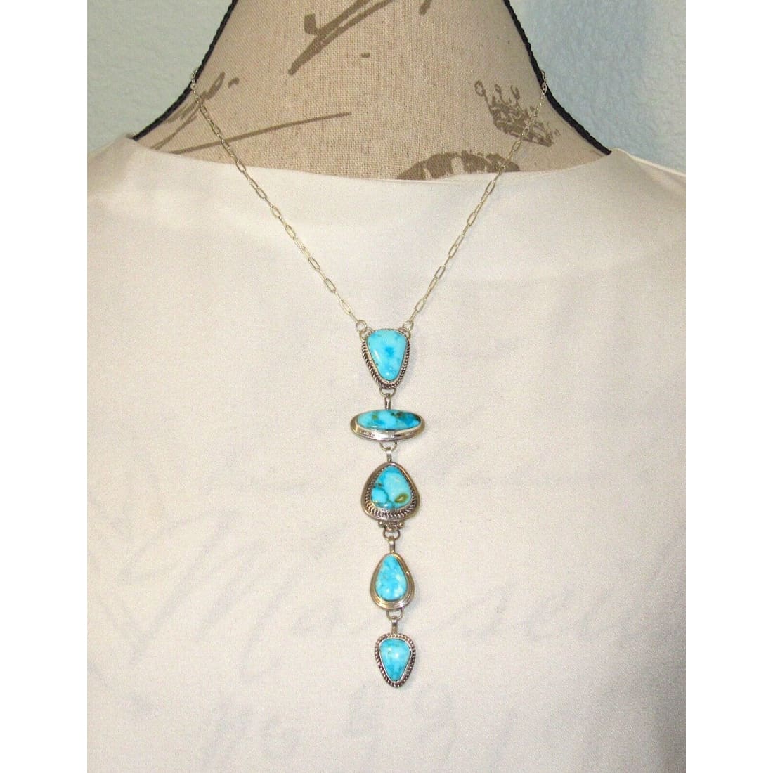 Navajo Kingman Turquoise Lariat Necklace Sterling Silver K.