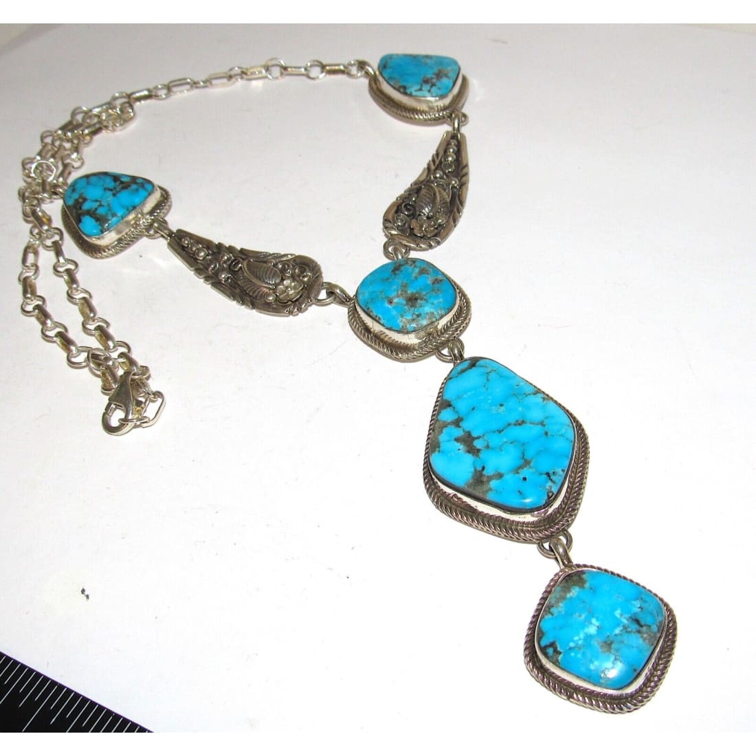 Navajo Kingman Turquoise Lariat Necklace Sterling Silver