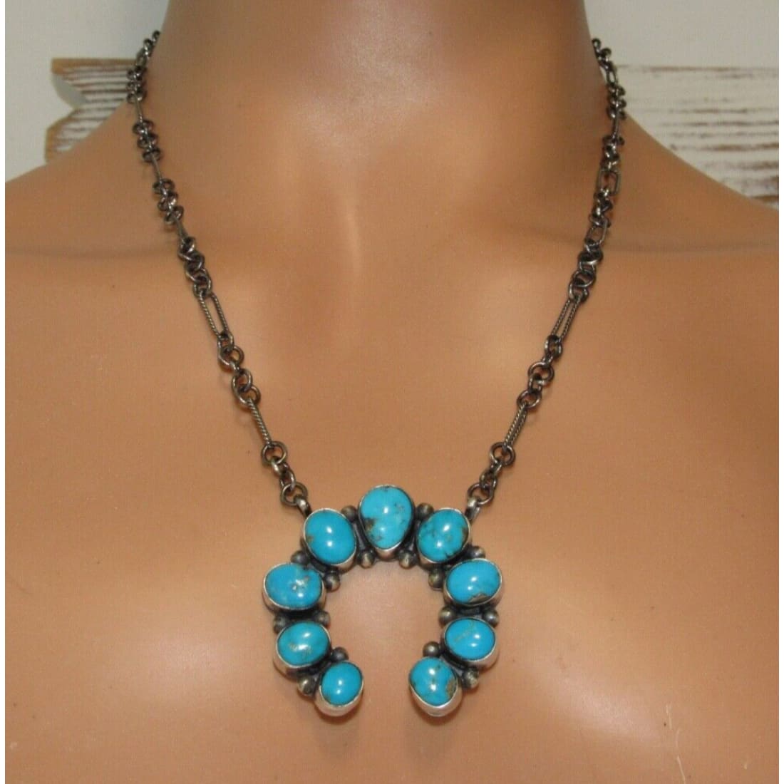 Navajo Kingman Turquoise Naja Necklace Squash Blossom