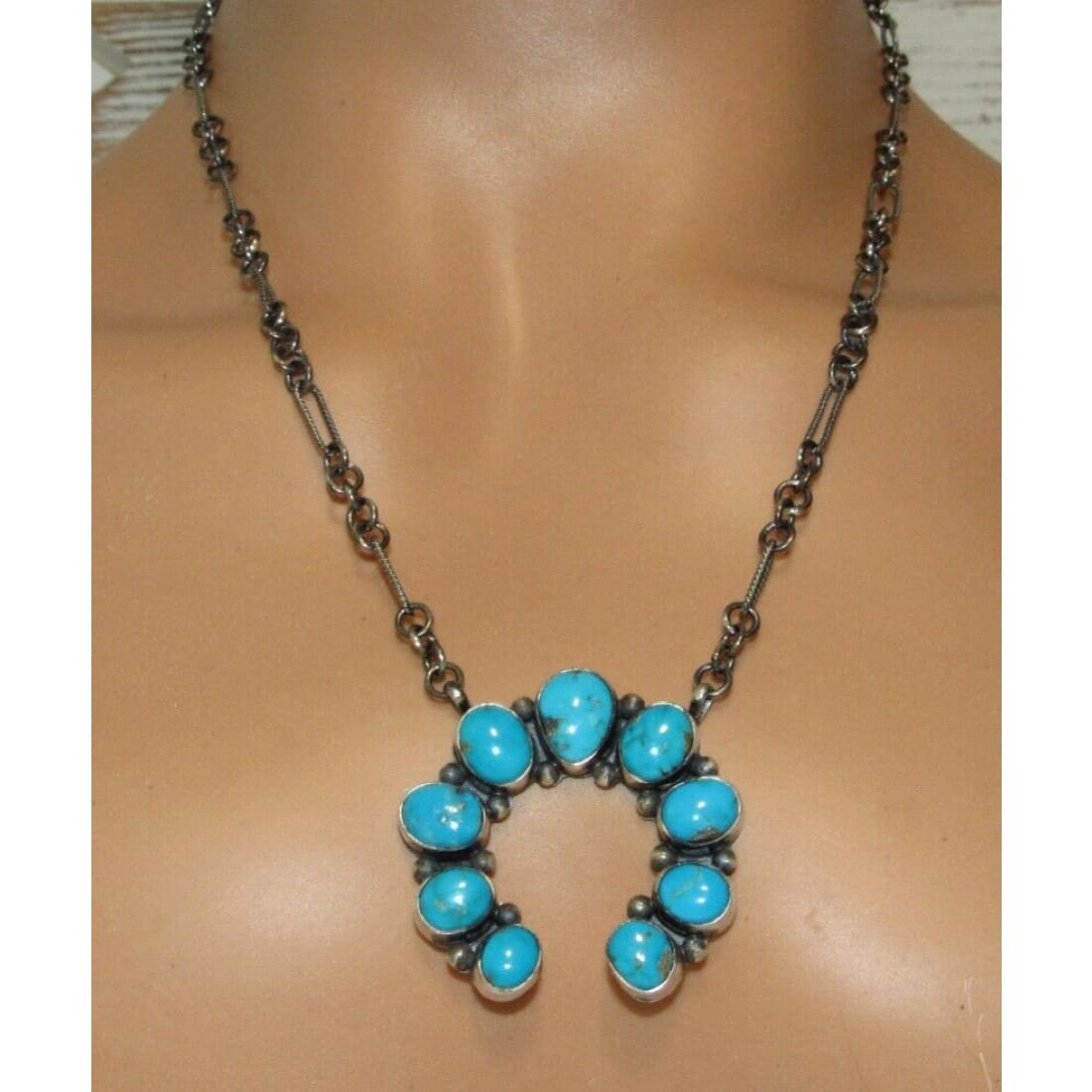 Navajo Kingman Turquoise Naja Necklace Squash Blossom
