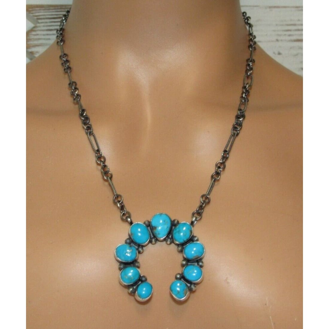 Navajo Kingman Turquoise Naja Necklace Squash Blossom