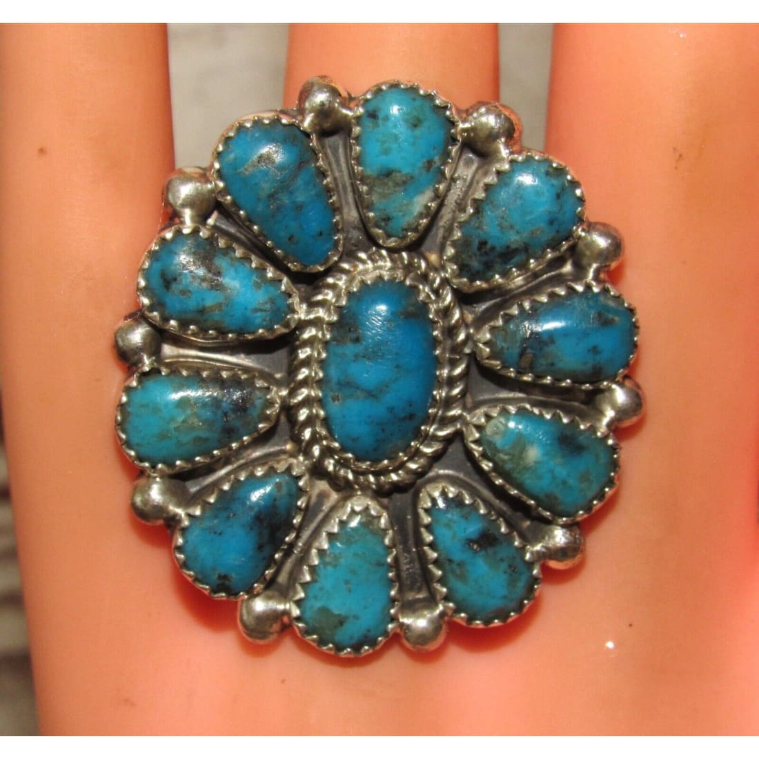 Navajo Kingman Turquoise Statement Cluster Ring Sz 8.5