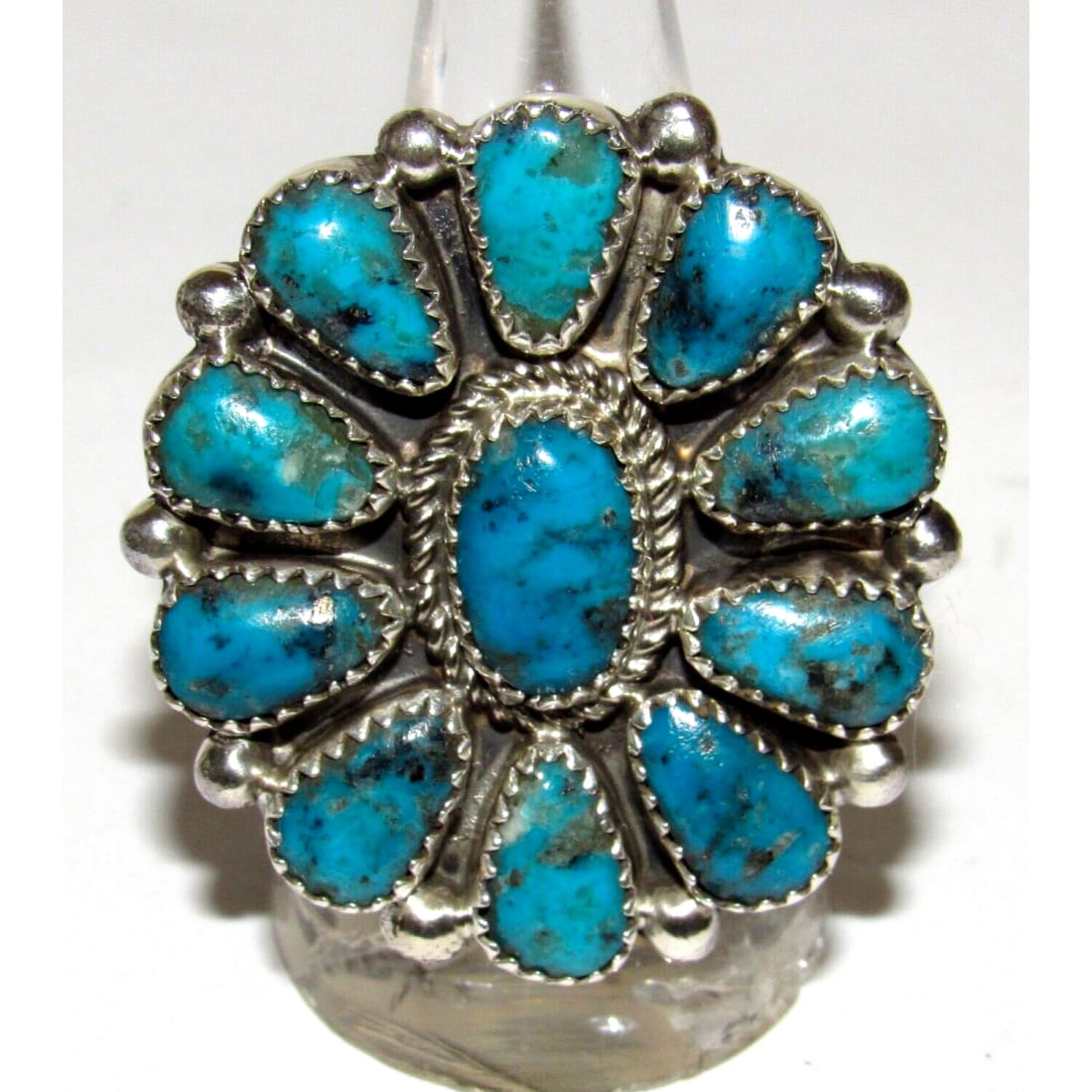 Navajo Kingman Turquoise Statement Cluster Ring Sz 8.5