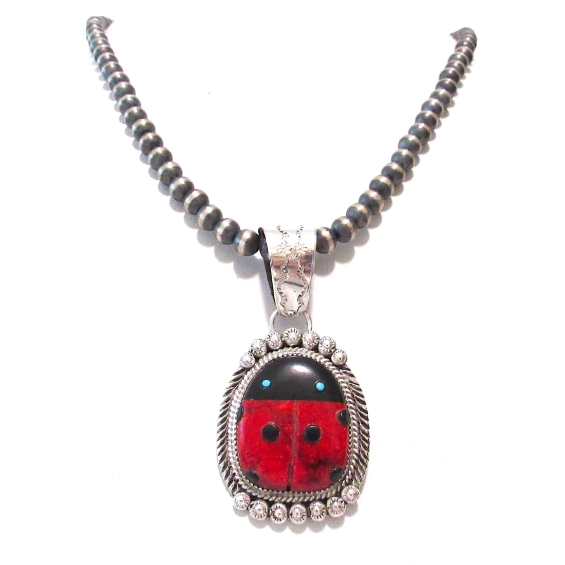 Navajo Lady Bug Inlay Pendant Sterling Turquoise Coral