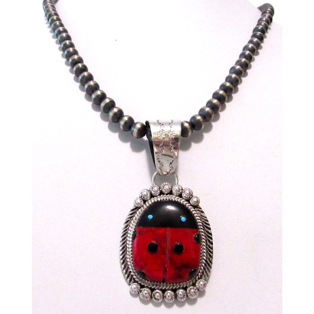 Navajo Lady Bug Inlay Pendant Sterling Turquoise Coral