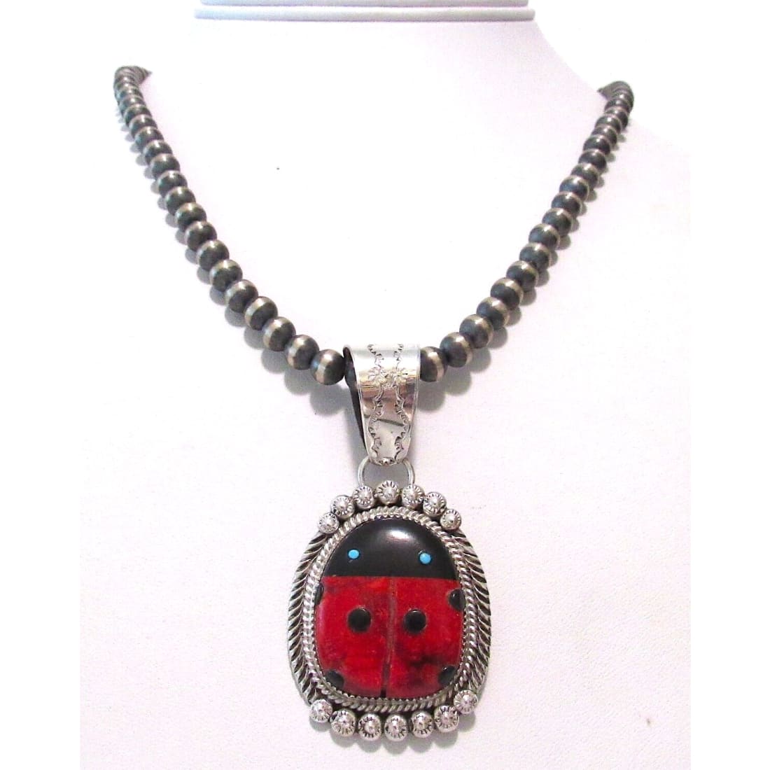 Navajo Lady Bug Inlay Pendant Sterling Turquoise Coral
