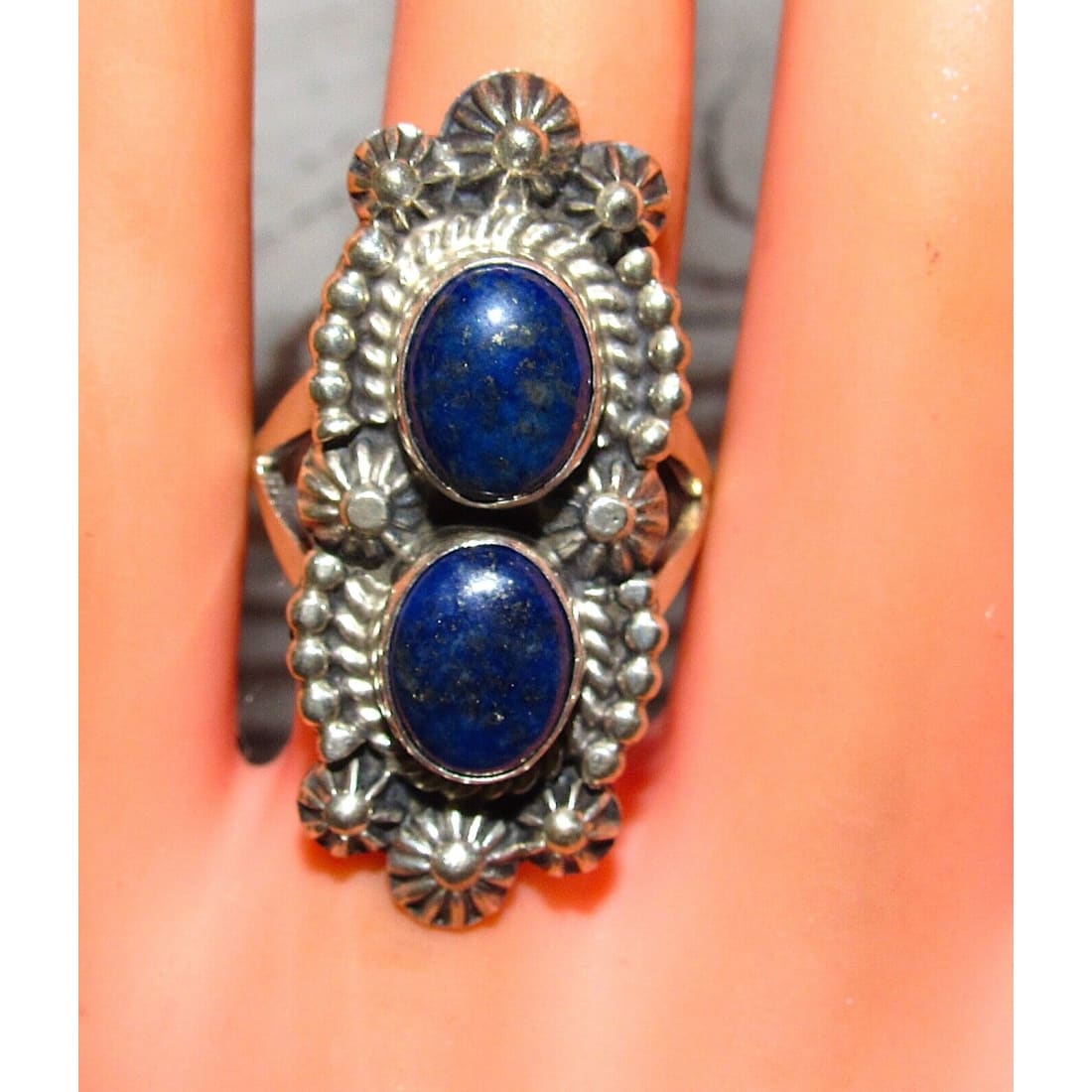 Navajo Lapis Ring Sz 8.5 Sterling Silver Native American