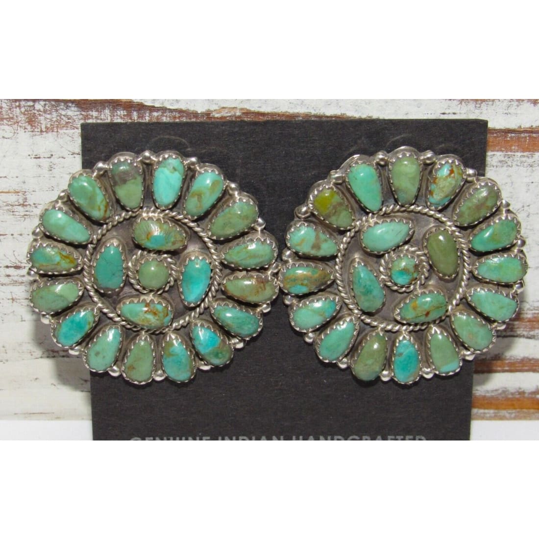 Navajo Large Turquoise Cluster Earrings Sterling Silver 1.5