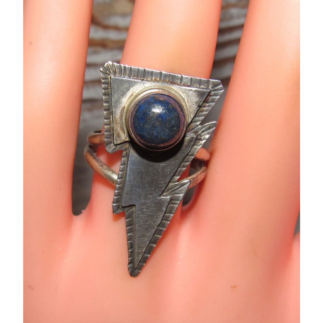 Navajo Lightning Bolt Ring Size 8.5 Lapis Sterling Silver -