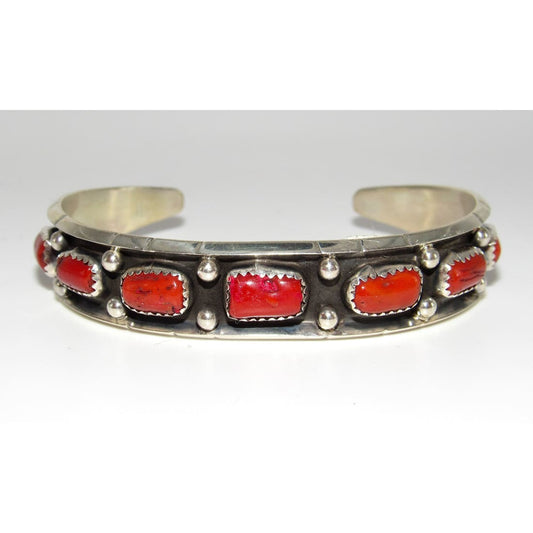 Navajo Mediterranean Coral Stacker Cuff Bracelet Sterling