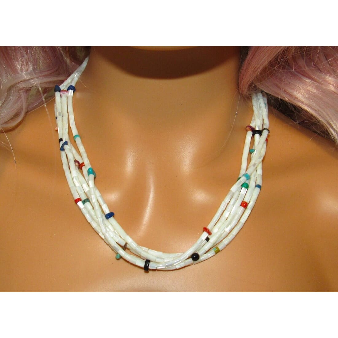 Navajo 5 Strand Rolled Mother of Pearl Heishi Choker