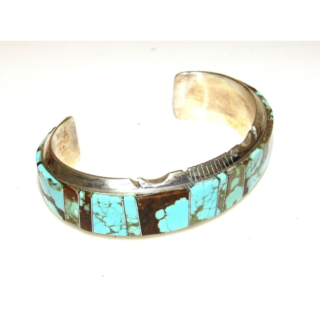 Huge Navajo Number 8 Turquoise Inlay Cuff Bracelet Sterling
