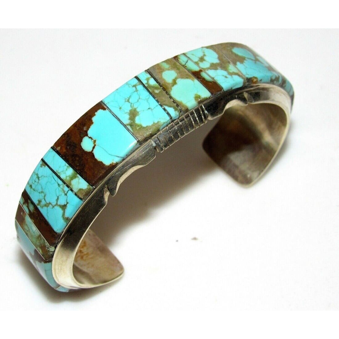 Huge Navajo Number 8 Turquoise Inlay Cuff Bracelet Sterling