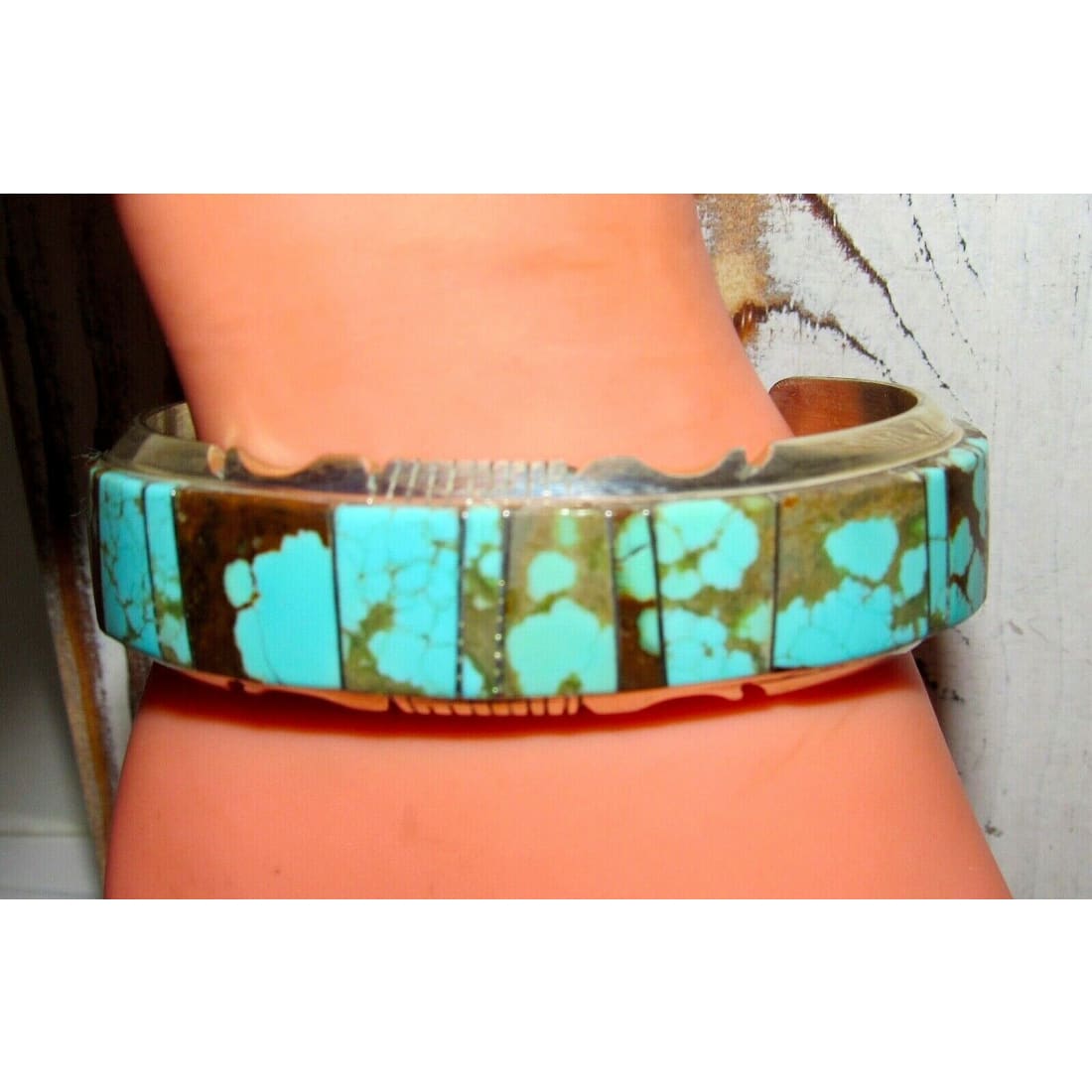 Huge Navajo Number 8 Turquoise Inlay Cuff Bracelet Sterling