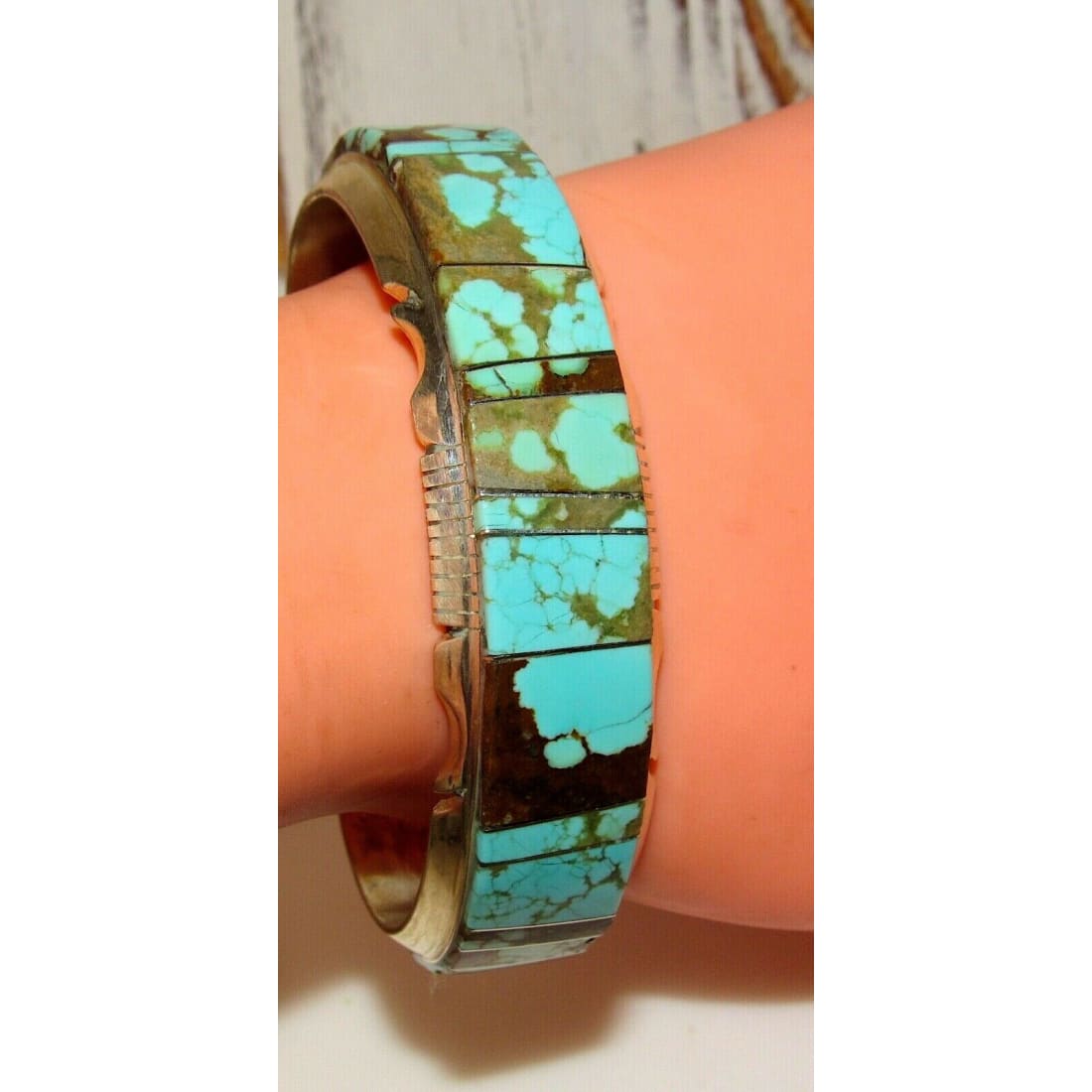 Huge Navajo Number 8 Turquoise Inlay Cuff Bracelet Sterling