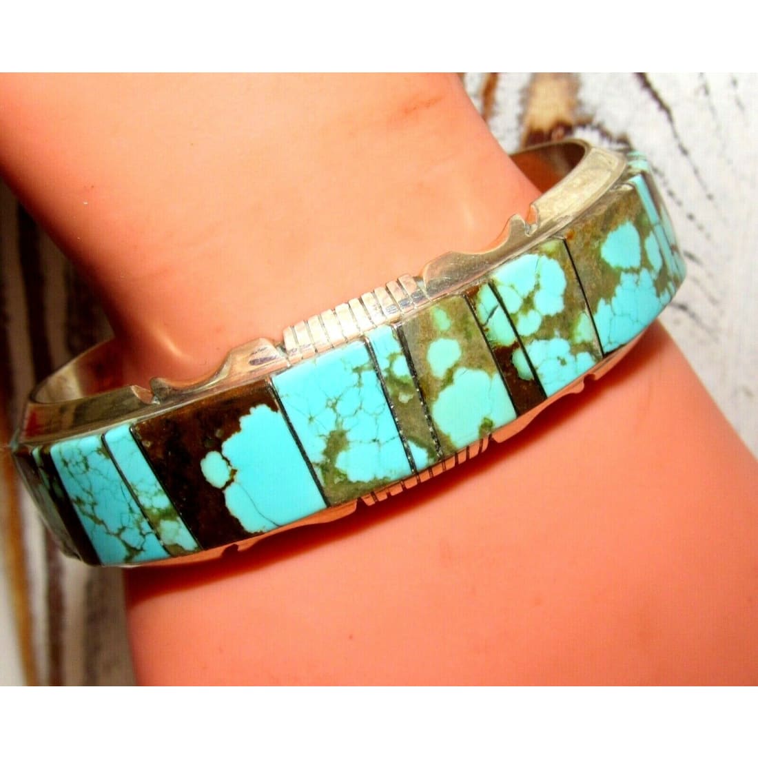 Huge Navajo Number 8 Turquoise Inlay Cuff Bracelet Sterling