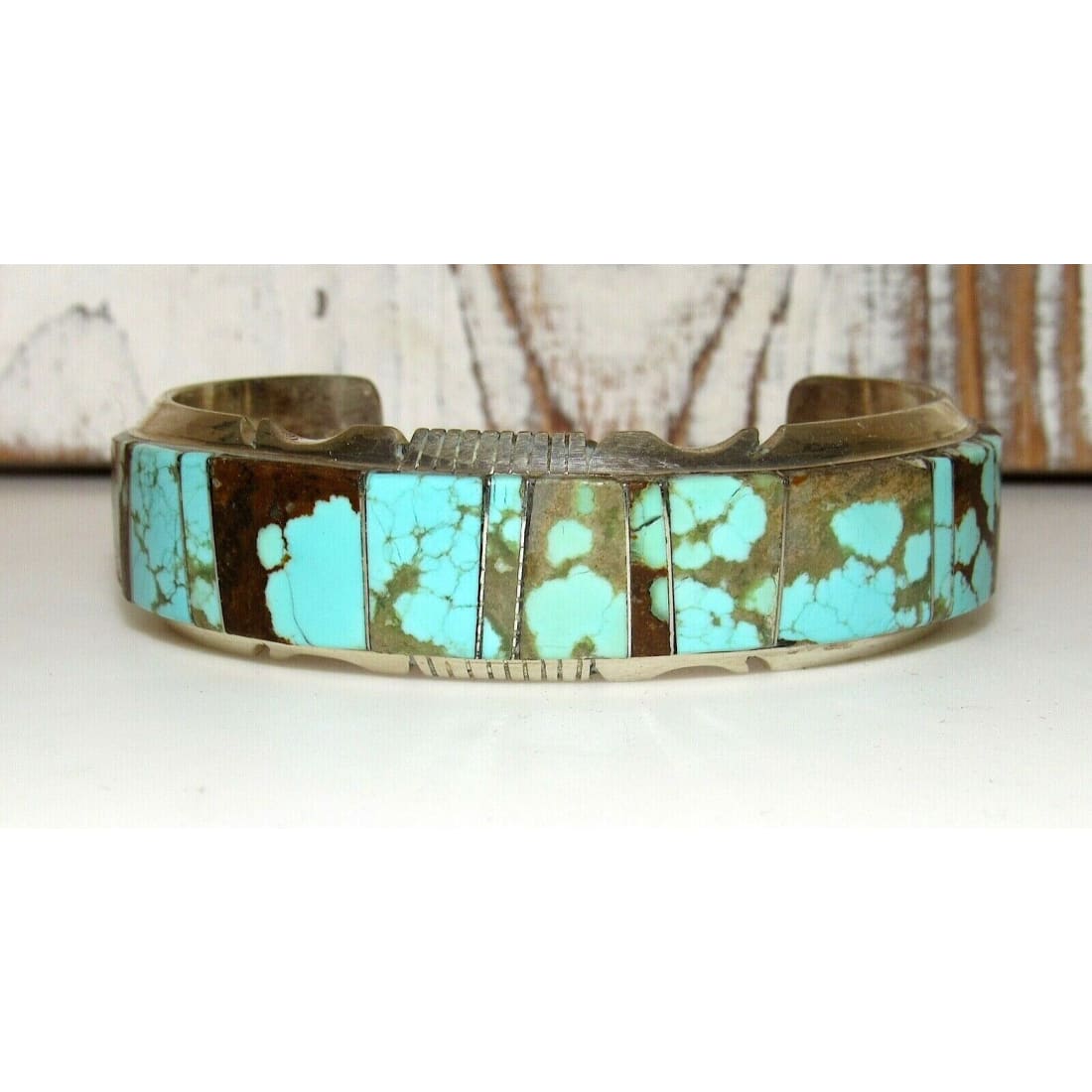 Huge Navajo Number 8 Turquoise Inlay Cuff Bracelet Sterling