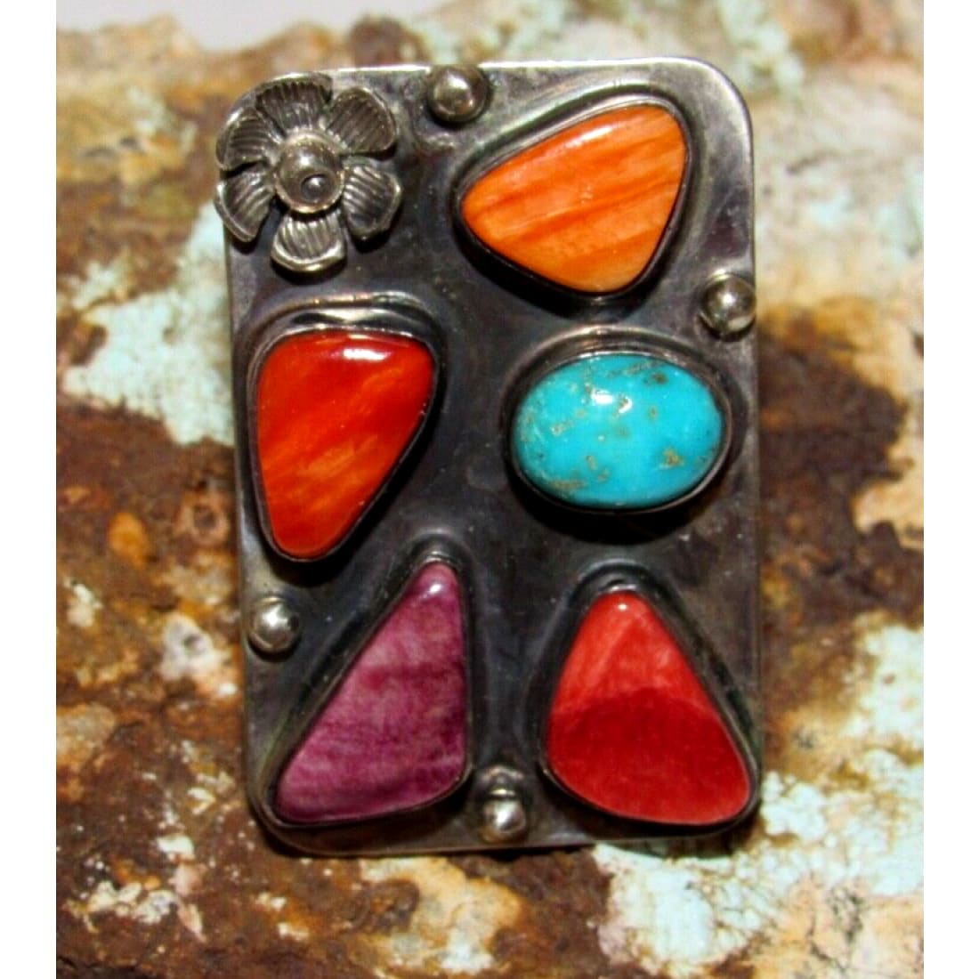 Navajo Orange Red Purple Spiny Cluster Ring Turquoise Sz 7.5