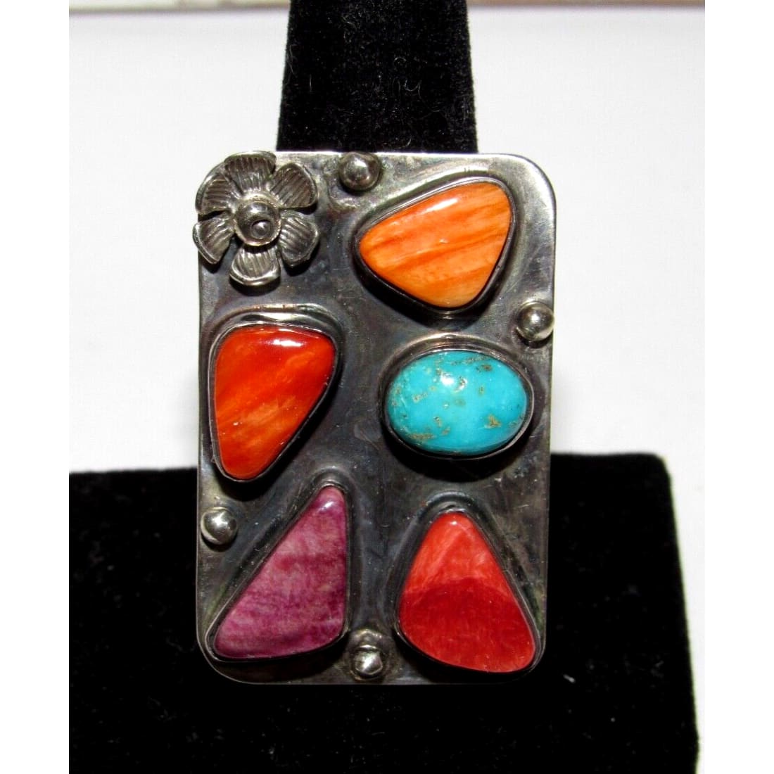 Navajo Orange Red Purple Spiny Cluster Ring Turquoise Sz 7.5