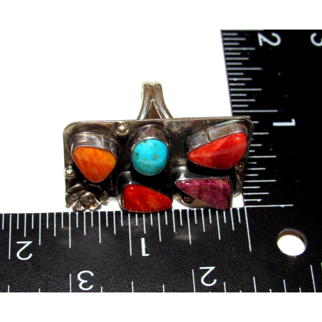 Navajo Orange Red Purple Spiny Cluster Ring Turquoise Sz 7.5