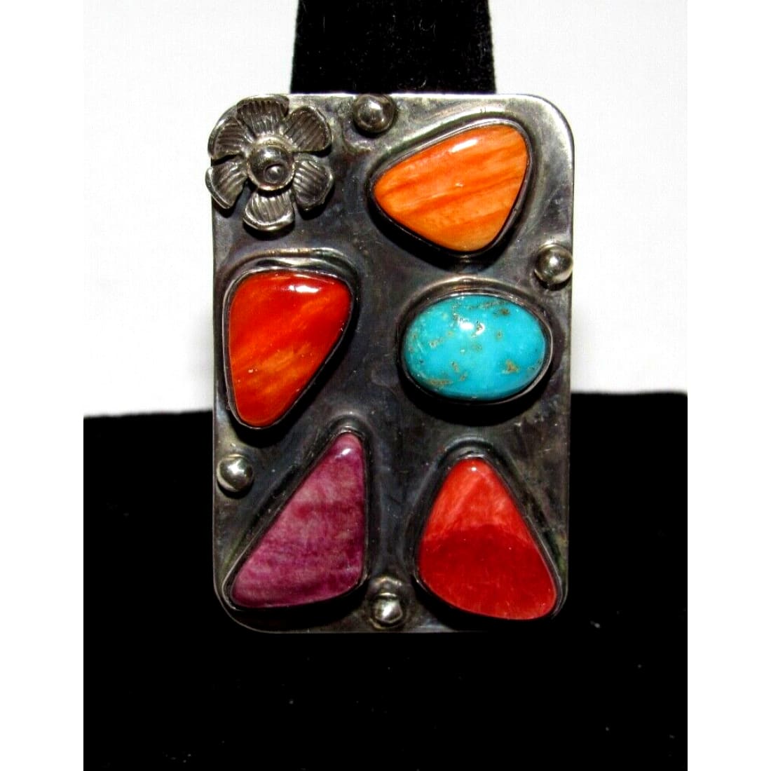 Navajo Orange Red Purple Spiny Cluster Ring Turquoise Sz 7.5
