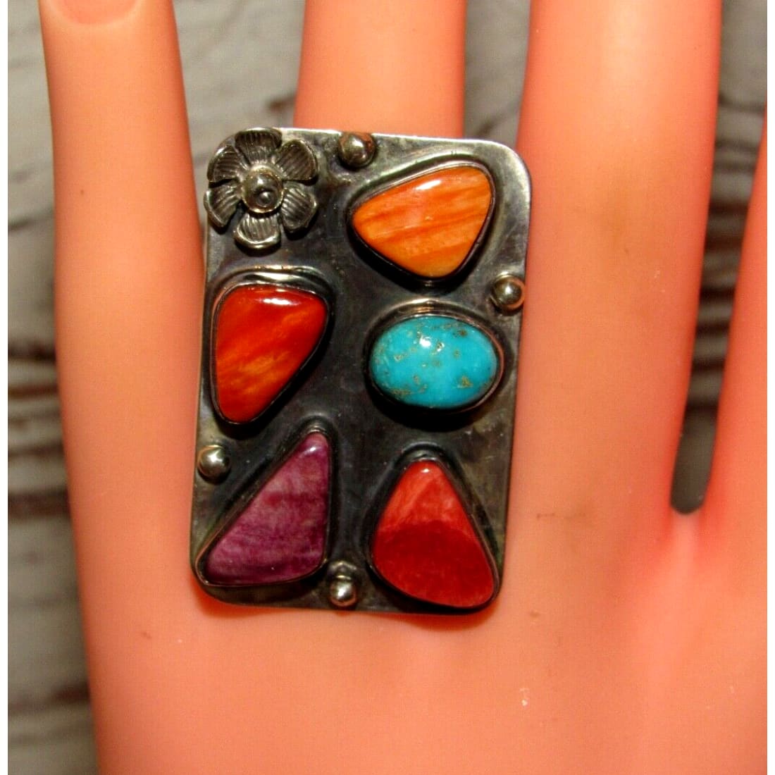 Navajo Orange Red Purple Spiny Cluster Ring Turquoise Sz 7.5